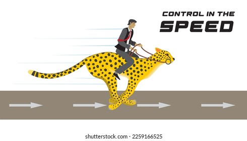 Man riding fast on cheetah cat, steering with reins. Text Control in the speed. Isolated on white. Vector illustration.