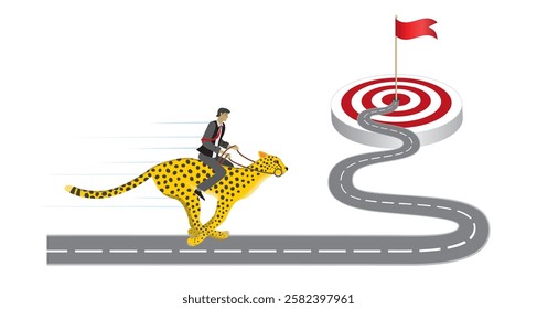 Man riding fast on running cheetah cat aginst his goal. Determination and fast result. Vector illustration.