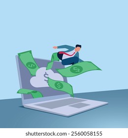 A man riding a flying banknote from inside a laptop. Illustration for making money online, working from home, freelancing.