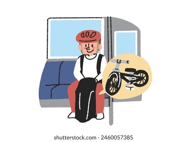 Man riding a folding bicycle on a train People who enjoy bicycling as a hobby