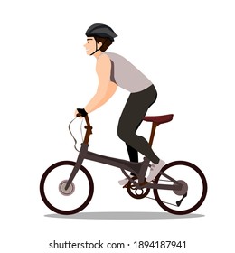 A man riding a folding bicycle.Vector illustration isolated on white background..Eco transport.Cute design for t shirt print, icon, logo, label, patch or sticker.Smile happily.