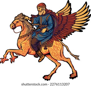 Man riding a golden griffin, medieval illuminated manuscript style