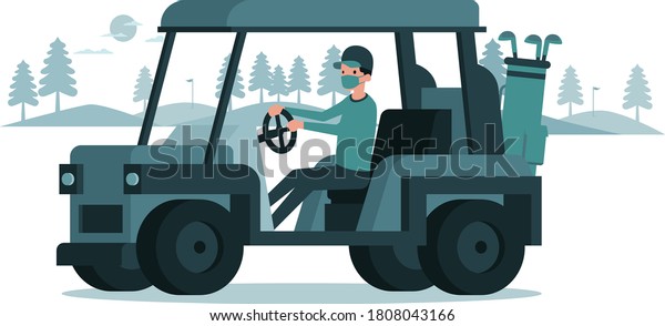 A man riding a golf car at golf yard during\
holiday illustration