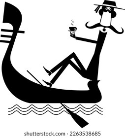 Man riding a gondola. 
Resting gondolier drinking a cup of coffee or tea. Black on white illustration
