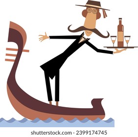 Man riding a gondola. Tray with a bottle and two glasses. Cartoon man in gondola carries a tray with alcohol drink and glasses. Isolated on white background