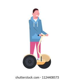 man riding gyroscooter over white background. gyroboard concept. cartoon full length character. flat style vector illustration