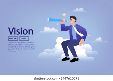 Man riding high cloud holding telescope or binocular. Business opportunity, leadership vision to see company strategy to achieve target. search for business visionary. Vision to see next goal. vector