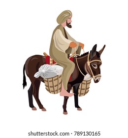 Man riding his donkey with loaded baskets. Vector illustration isolated on white background