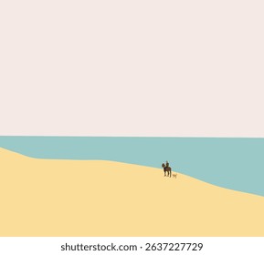 Man riding horse with dog walking follow on the tropical beach. Outdoor activity on holiday vacation.