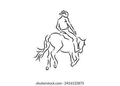 Man riding horse line hand drawn sketch, cowboy logo vector illustration