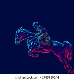 Man riding horse. Pop Art line portrait logo.  Colorful design with dark background. Abstract vector illustration. Isolated black background for t-shirt, poster, clothing, merch, apparel, badge design