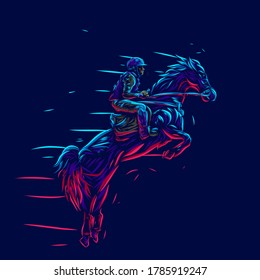 Man riding horse. Pop Art line portrait logo.  Colorful design with dark background. Abstract vector illustration. Isolated black background for t-shirt, poster, clothing, merch, apparel, badge design