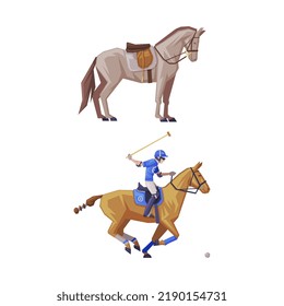 Man Riding Horse Sitting on Horseback in Saddle Playing Polo Vector Set