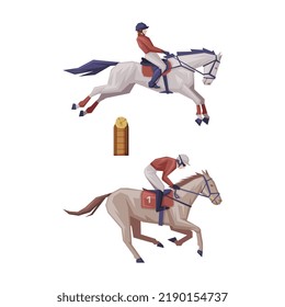 Man Riding Horse Sitting on Horseback in Saddle Vector Set