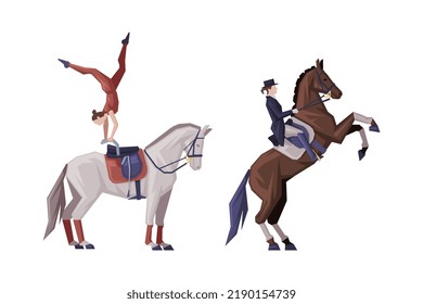 Man Riding Horse Sitting on Horseback in Saddle and Showing Stunt Vector Set