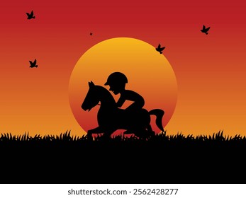 A man riding a horse at sunset in the background art