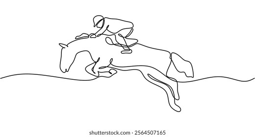 Man riding a horse, symbolizing grace, strength, and sport. One line drawing capturing the fluid motion and skill involved in horseback riding. Vector illustration hand drawn.