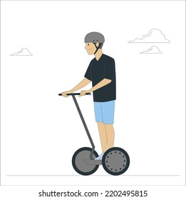 Un hombre montando una moto balanceada en el tablero de los elevadores. Una pareja joven montada en un hoverboard en un parque, moto de autoequilibrio. Futuro tecnológico activo para el estilo de vida. Hipster en moto gyro.