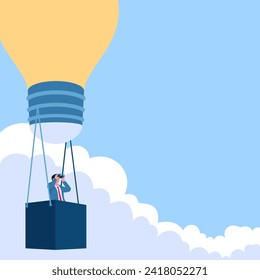 man riding an idea lamp telescopes into the sky, a metaphor for a growing business. Simple flat conceptual illustration. bankrupt