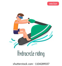 Man riding a jet ski flat character. Color vector illustration