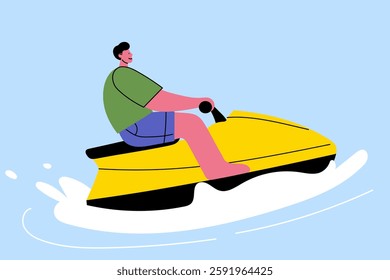 Man riding a jet ski on water. Summer vacation, water sports, outdoor adventure, fun activity, sea waves, extreme sports, beach holiday, jet ski rider, leisure, recreational boating.