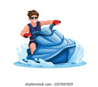 Man riding Jet Ski water sport character cartoon illustration vector