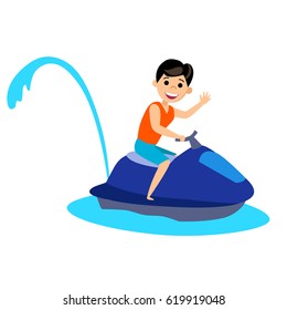 Man riding jet ski, water bike. Isolated man on white background. Vector illustration.