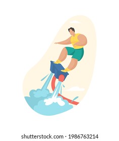 Man riding jet water board. Fast extreme attraction with powerful flyboard. Vacationer in life jacket soars acrobatic on sea. Summer adventure in motion with jet. Vector flat illustration isolated