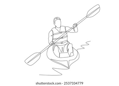 Man riding a kayak on the river. Kayak concept one-line drawing