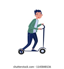 Man riding kick scooter, eco friendly alternative transportation vehicle vector Illustration on a white background