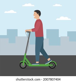 Man riding kick scooter. Guy riding electric scooter. City background . Vector illustration