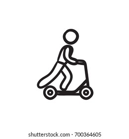 Man riding kick scooter vector sketch icon isolated on background. Hand drawn Man riding kick scooter icon. Man riding kick scooter sketch icon for infographic, website or app.