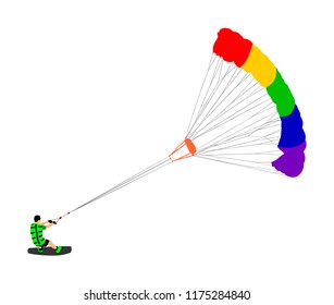 Man riding kiteboard vector. Extreme water sport kiteboarding with parachute. Kite surfer on waves. Kite surfing on beach, enjoying in summer holiday time. Kitesurfer.