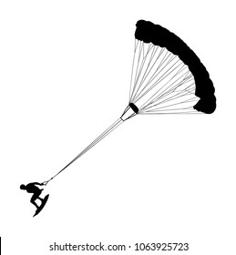 Man riding kiteboard vector silhouette illustration. Extreme water sport kiteboarding with parachute. Kite surfer on waves. Kite surfing on beach, enjoying in summer holiday time. Kitesurfer.