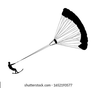 Man riding kiteboard vector silhouette isolated on white. Extreme water sport kiteboarding with parachute. Kite surfer on waves. Kite surfing on beach, enjoying in summer holiday time. Kitesurfer.