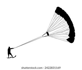 Man riding kiteboard vector silhouette isolated on white. Extreme water sport kiteboarding with parachute. Kite surfer on waves. Kite surfing on beach, enjoying in summer holiday time. Kitesurfer.