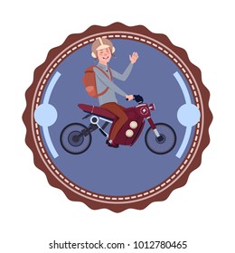 Man Riding Modern Mountain Motorcycle Vintage Logo Design Icon Isolated Flat Vector Illustration