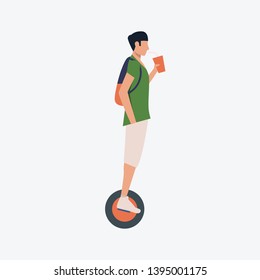 Man riding monowheel and drinking from plastic cup. Sport, recreation, leisure concept. Vector illustration can be used for presentation slide, poster, new projects