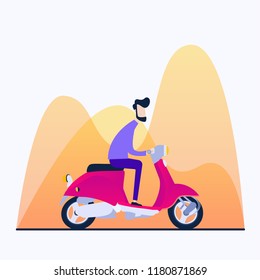 A man is riding a moped to work. Vector illustration in cartoon style