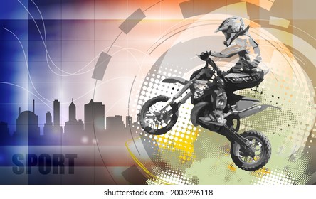 Man riding motobike, extreme sport racing, vector illustration