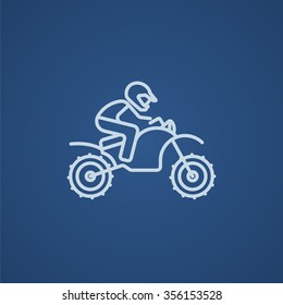 Man riding a motocross bike line icon for web, mobile and infographics. Vector light blue icon isolated on blue background.