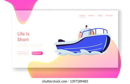 Man Riding Motor Boat in Sea. Water Leisure, Lifesaver at Work, Summer Time Sports Activity, Vacation, Leisure, Trip Recreation Website Landing Page, Web Page. Cartoon Flat Vector Illustration, Banner