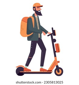 man riding motor scooter with backpack over white