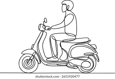 Um homem montando scooter motor em contínuo um desenho de linha, ilustração vetor de scooter retro minimalista


