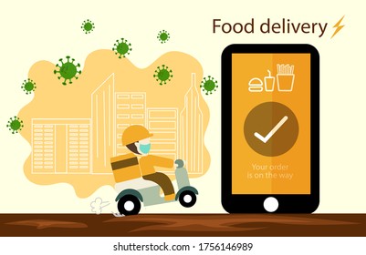 the man riding motorbike with mask in the quarantine city. Food delivery in mobile application