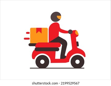 A man riding a motorbike with a package isolated on white background. Delivery scooter vector illustration