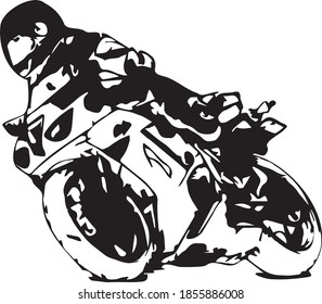 man riding motorcycle in asphalt road. Motorcyclist at black and white sport motorcycle