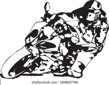man riding motorcycle in asphalt road. Motorcyclist at black and white sport motorcycle. Motorcycle Vector