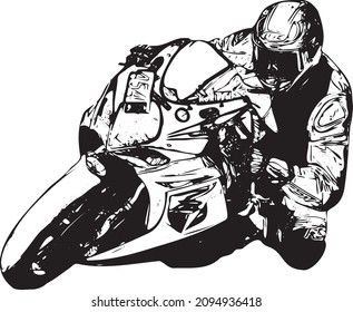 man riding motorcycle in asphalt road. Motorcyclist at black and white sport motorcycle. Isolated on white background