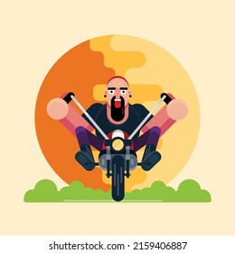 Man Riding Motorcycle. Cartoon Character.